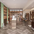 Modern Fashion Store Interior With Shoes Bags Clothing Display Shelves And Herringbone Floor