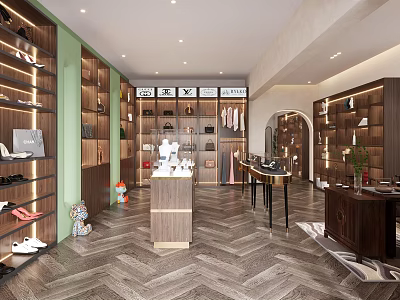 Modern Fashion Store Interior With Shoes Bags Clothing Display Shelves And Herringbone Floor 3d model
