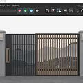 Modern Metal Gate With Vertical Slat Design Stone Pillars Wall Lamps And Green Landscape