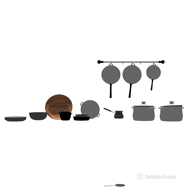 Essential Kitchen Cookware Set Including Hanging Pans Pots and Bowls 3d model