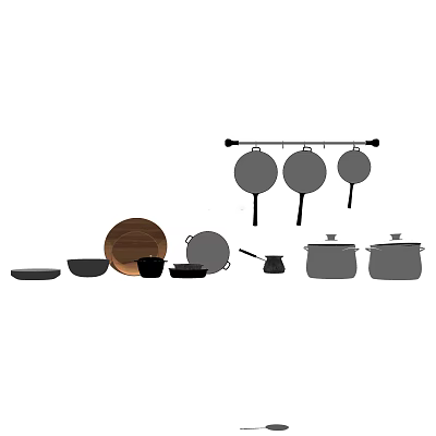 Essential Kitchen Cookware Set Including Hanging Pans Pots and Bowls 3d model