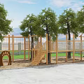 Kindergarten Outdoor Playground With Wooden Climbing Structure Slide Trees Sand And Grass