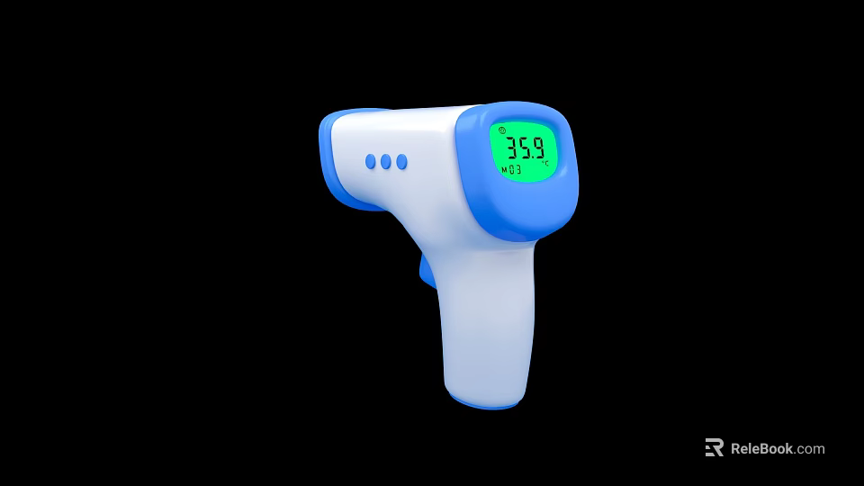Blue And White Non Contact Infrared Thermometer With Digital Display 36.9 Degrees On Black Background 3d model 