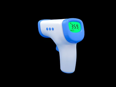 Blue And White Non Contact Infrared Thermometer With Digital Display 36.9 Degrees On Black Background 3d model