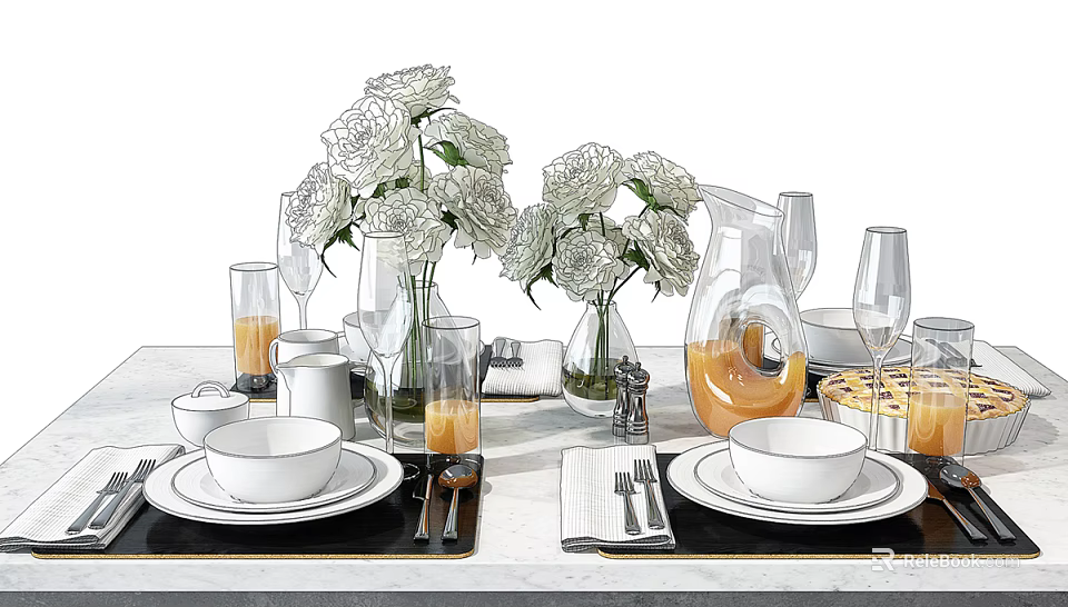 Dinnerware Set With White Ceramic Bowls Plates Glass Cups Napkins Cutlery And Flower Vases 3d model 
