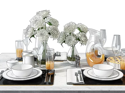 Dinnerware Set With White Ceramic Bowls Plates Glass Cups Napkins Cutlery And Flower Vases 3d model