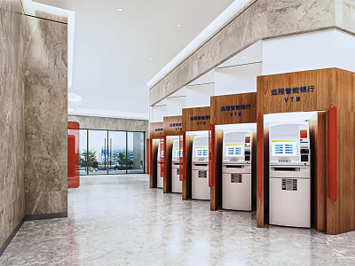 Modern Service Hall Interior With Self Service Kiosks And Marble Walls 3d model