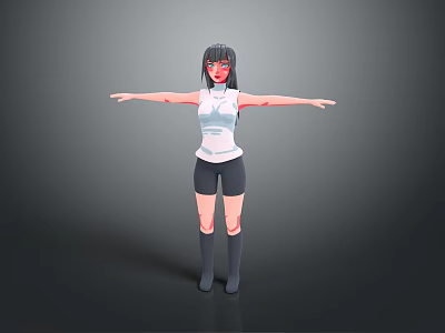 3D Female Character With Black Hair Red Eyes White Tank Top Black Shorts Arms Outstretched 3d model