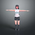 3D Female Character With Black Hair Red Eyes White Tank Top Black Shorts Arms Outstretched