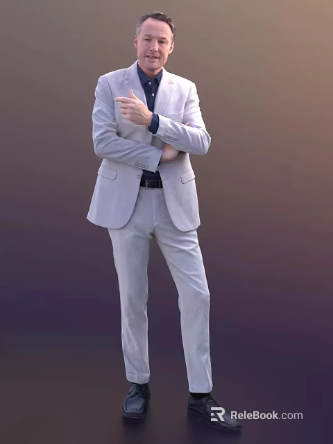 A Man In Light Gray Suit With Arms Crossed Pointing With Index Finger 3d model 