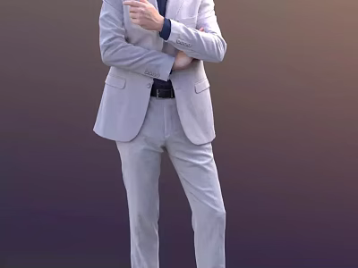 A Man In Light Gray Suit With Arms Crossed Pointing With Index Finger 3d model