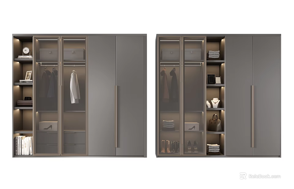 Modern Stylish Wardrobe Interior With Glass Doors Hanging Clothes Folded Items And Built in Storage 3d model 
