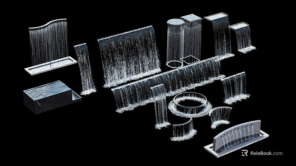 Various 3D Waterfall And Fountain Models With Decorative Shapes And Designs 3d model 