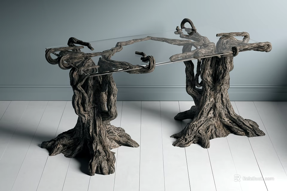 Artistic Side Table with Clear Glass Top and Tree Stump Inspired Base Design 3d model 