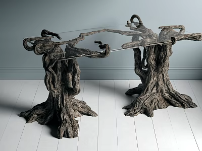 Artistic Side Table with Clear Glass Top and Tree Stump Inspired Base Design 3d model