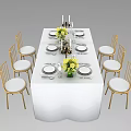 Elegant Dining Table Set With White Tablecloth Golden Chairs Tableware And Yellow Bouquets 3d model