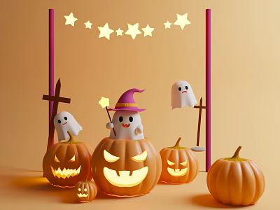 Halloween Decorative Set With Lit Jack O Lanterns Ghosts Witch Hat And Stars 3d model
