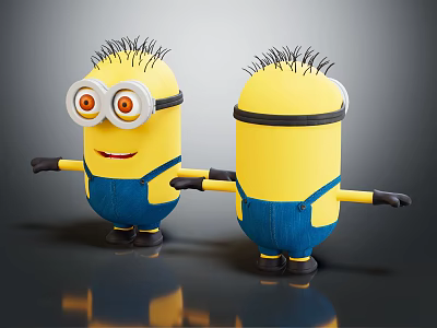 Cute Minion Dolls With Yellow Body Blue Overalls Black Spiky Hair Goggles And Outstretched Arms 3d model