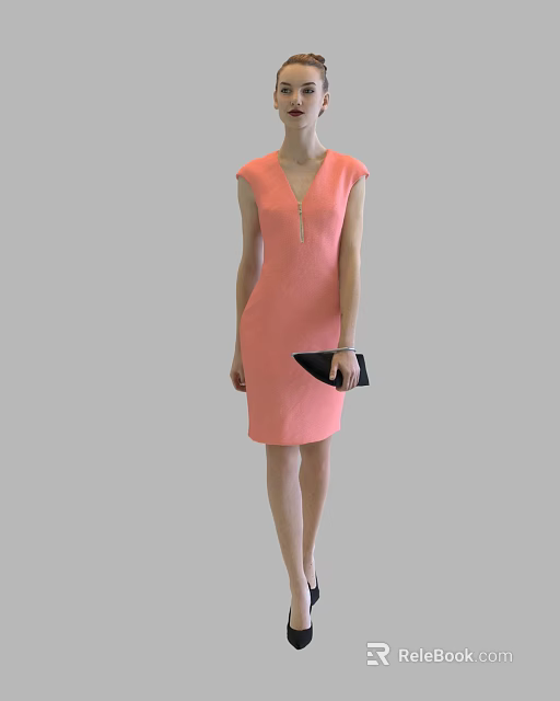 Woman in Sleeveless Orange V neck Dress Holding Black Clutch Standing Against Gray Background 3d model