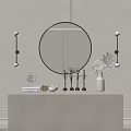 Elegant Console Table and Side Cabinet with Round Mirror Wall Sconces Decorative Vase and Trophies