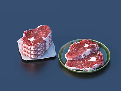 Fresh Raw Steak Cuts on White and Green Ceramic Serving Plates 3d model