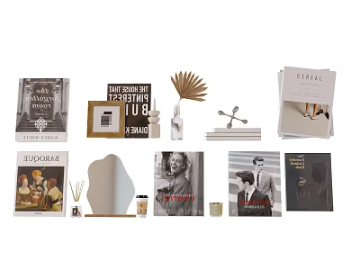 Books And Magazines Curated Collection With Decorative Palm Leaf Frame Candle And Artwork 3d model