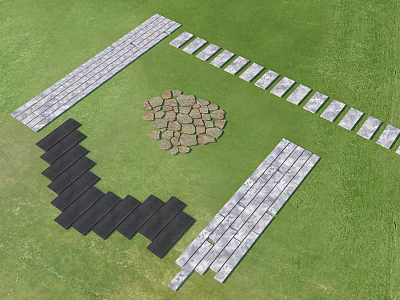 Garden Ornaments On Green Lawn Featuring Various Path Materials And Circular Stone Area 3d model
