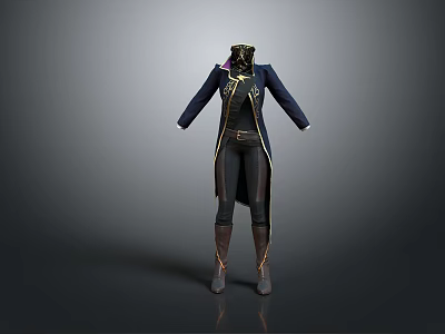 Game Movie Character Wearing Navy Blue Coat With Gold Accents Black Pants And Long Boots 3d model