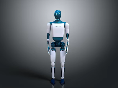 Blue And White Humanoid Robot Standing With Mechanical Structure And Grey Gradient Background 3d model
