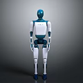 Blue And White Humanoid Robot Standing With Mechanical Structure And Grey Gradient Background