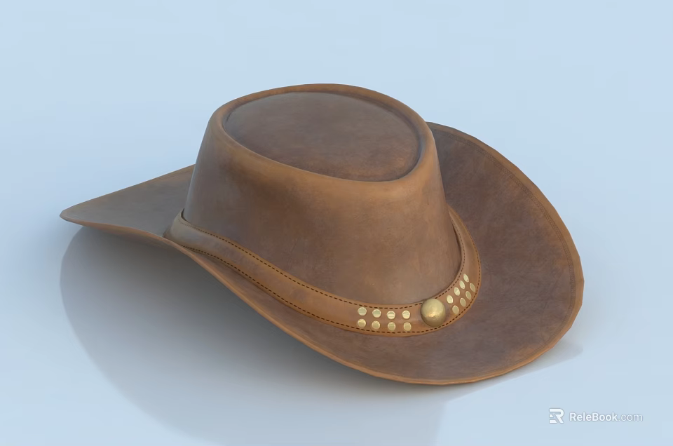 Classic Brown Leather Cowboy Hat With Decorative Band And Metal Studs 3d model 