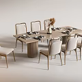 Modern Dining Table Set With Rectangular Top Metal Frame Chairs And Cream Upholstered Seats 3d model