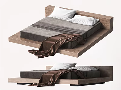Modern Double Bed With Wooden Frame Gray Mattress White Pillows And Brown Blanket 3d model