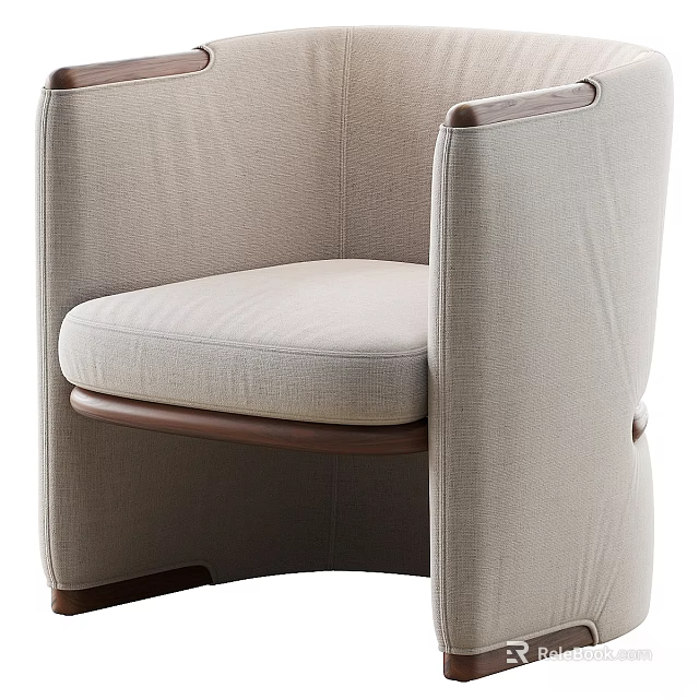 Modern Light Beige Fabric Leisure Chair Featuring Wooden Armrests And Base 3d model 