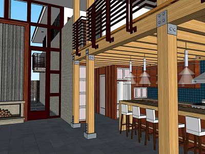 Modern Bar Interior With Wooden Beams Open Layout Bar Stools And Pendant Lights 3d model