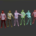 Men In Blue Shirts And Dark Pants Posing With Different Gestures Against Gray Background