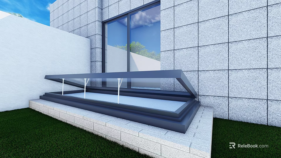 Detached Villa With Gray Wall Large Glass Window Open Skylight And Lawn 3d model 