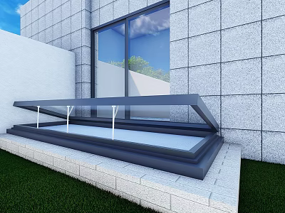 Detached Villa With Gray Wall Large Glass Window Open Skylight And Lawn 3d model