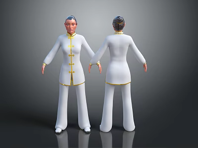 Traditional Chinese Character Model In White Costume With Yellow Trim Front Back Views 3d model