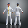Traditional Chinese Character Model In White Costume With Yellow Trim Front Back Views