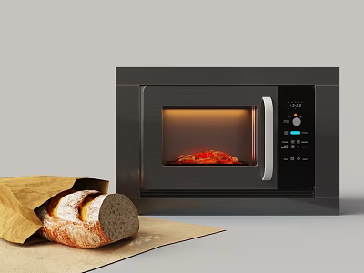 Microwave Oven In Modern Kitchen With Fresh Bread And Heating Pizza 3d model