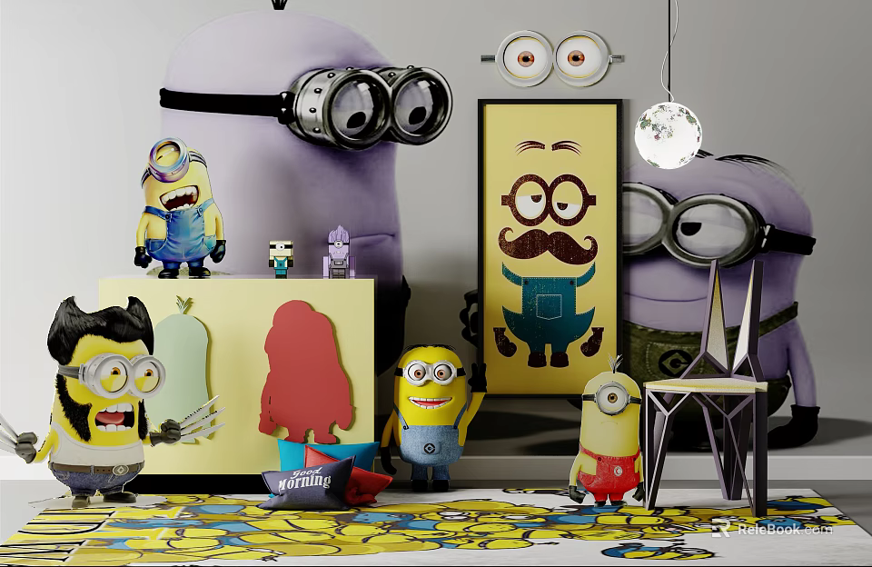 Adorable Minion Themed Decorative Cabinet With Figurines Paintings And Eyeglass Decor 3d model 