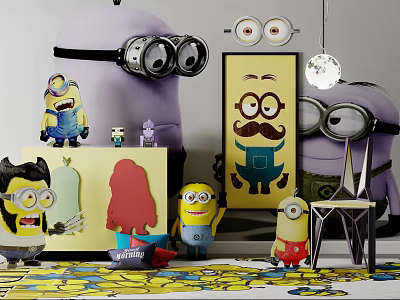 Adorable Minion Themed Decorative Cabinet With Figurines Paintings And Eyeglass Decor 3d model