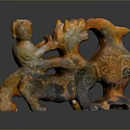 Ancient Carved Sculpture With Human Figure And Mythical Beast Orange Gray Intricate Patterns