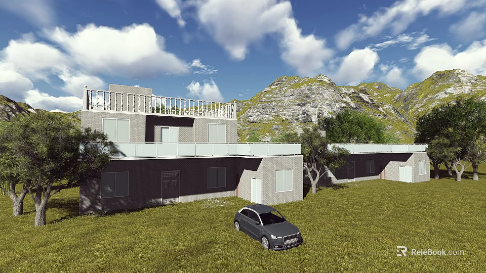 Two Story Gray House With Balcony Green Lawn Trees And Mountain View 3d model 