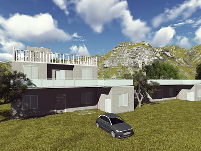 Two Story Gray House With Balcony Green Lawn Trees And Mountain View 3d model