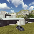 Two Story Gray House With Balcony Green Lawn Trees And Mountain View