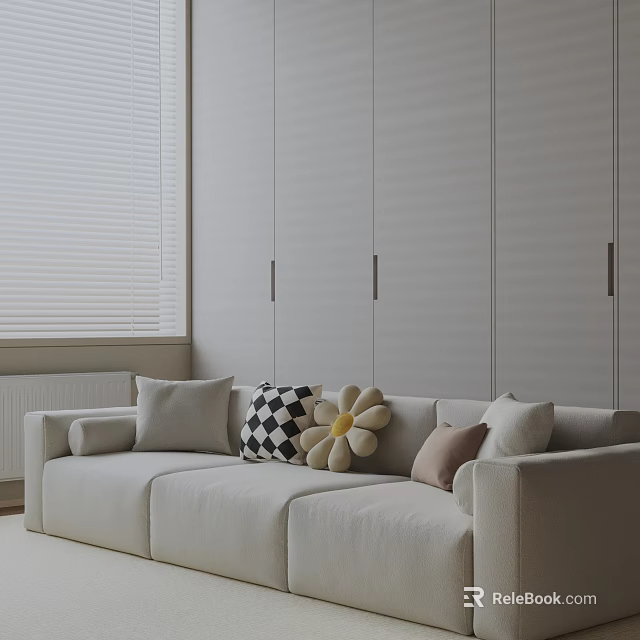 Light Gray Three-Seater Sofa With Patterned And Solid Color Cushions White Blinds And Gray Cabinets 3d model