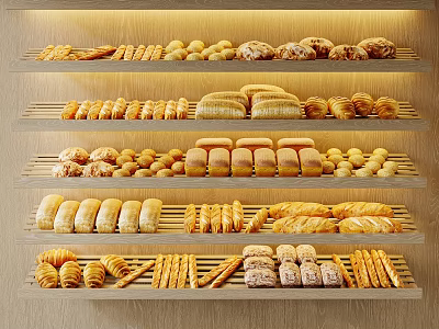 Assorted Baked Goods On Wooden Shelves 3d model