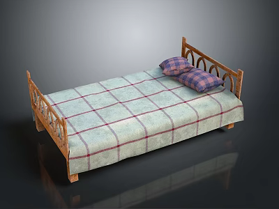 Wooden Bed Frame With Carved Headboard Plaid Bedspread And Purple Plaid Pillows 3d model